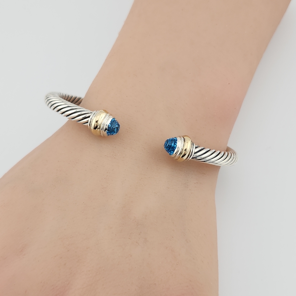 David Yurman Silver Cable Bracelet with Gold Accents and Blue Gem Tips